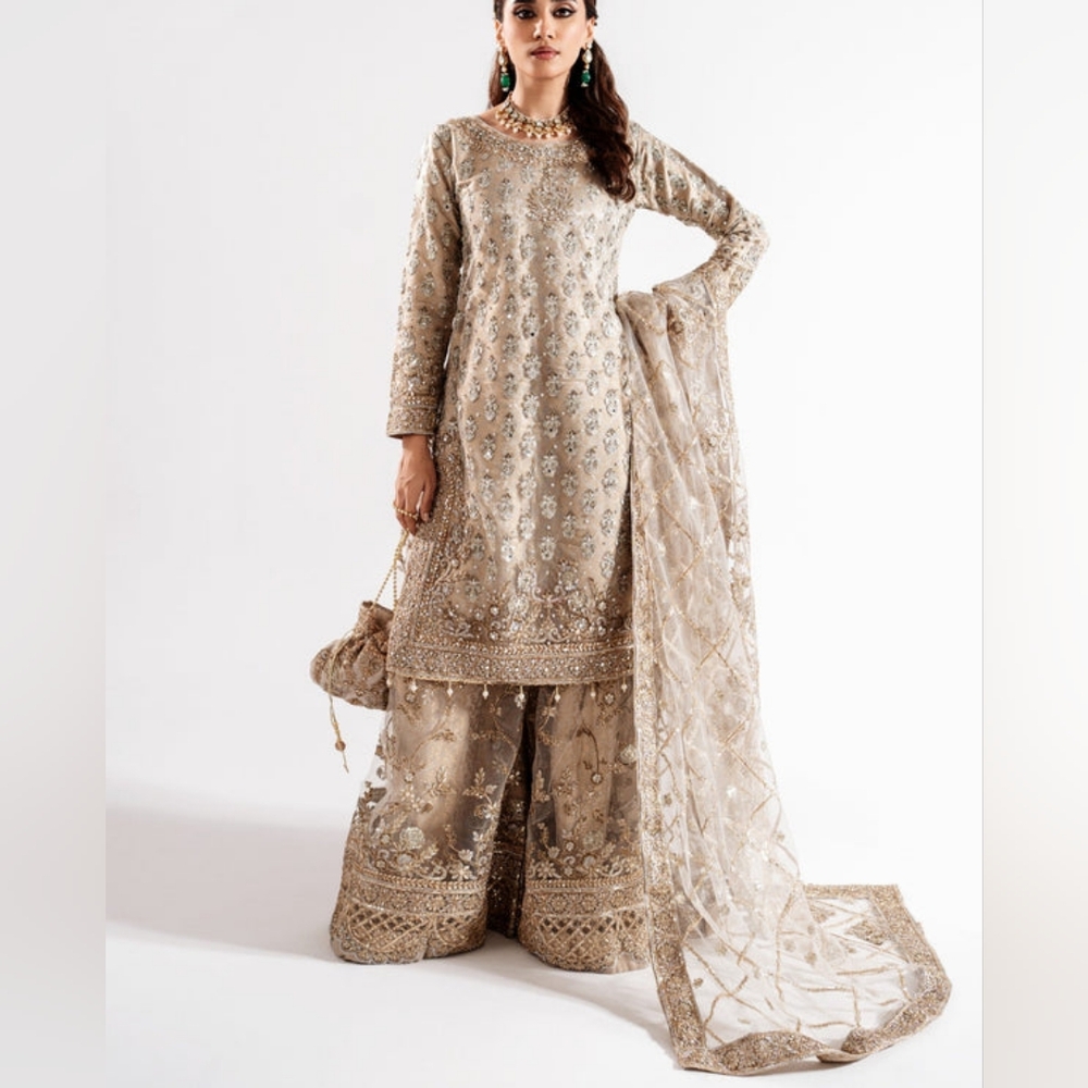 NWT Haseens Official 4 Piece Desi Pakistani Formal Outfit Gold Beaded Large